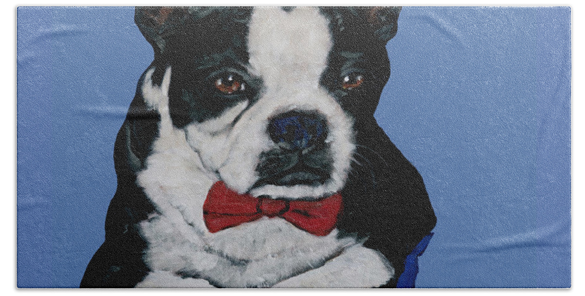 Boston Beach Towel featuring the painting Boston Terrier With A Bowtie by Dale Moses