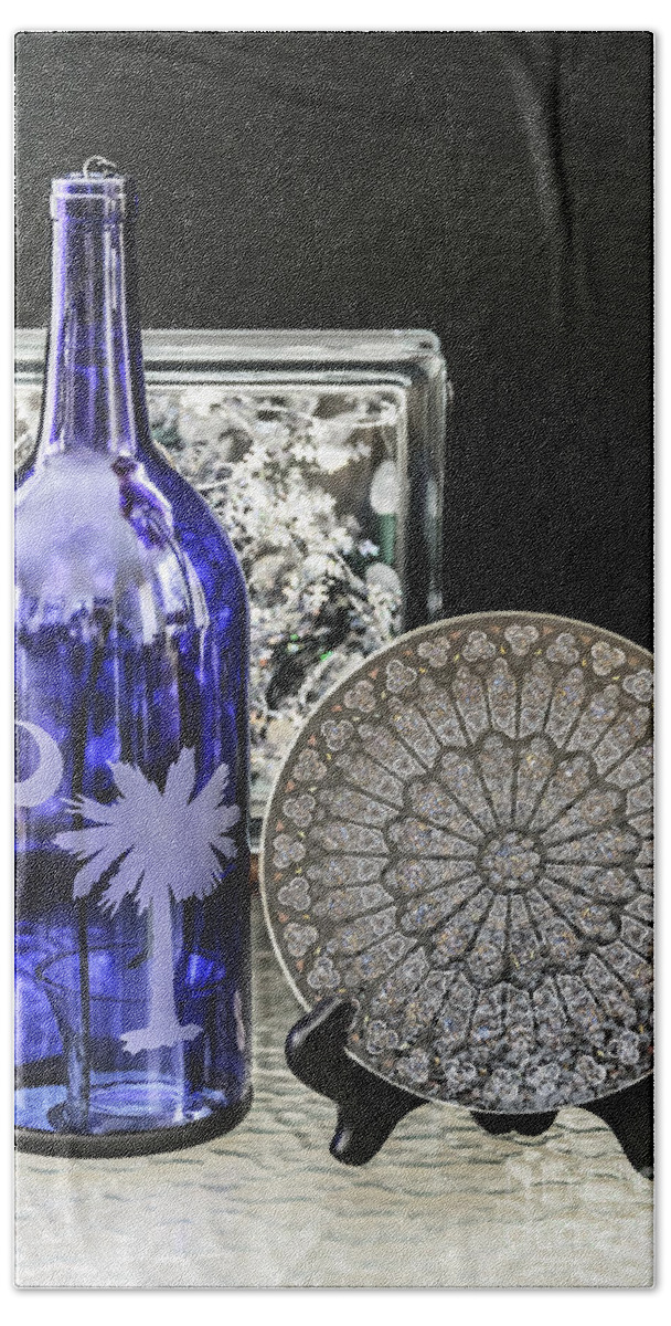 Still Life Beach Towel featuring the photograph Bottle and Plate by Elvis Vaughn