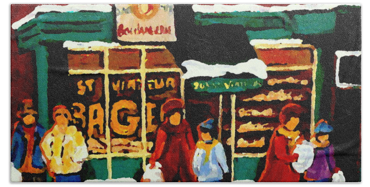 St.viateur Bagel Beach Towel featuring the painting Boulangerie Bakery Deli Paintings St Viateur Bagel Shop Montreal Art City Scenes Carole Spandau by Carole Spandau