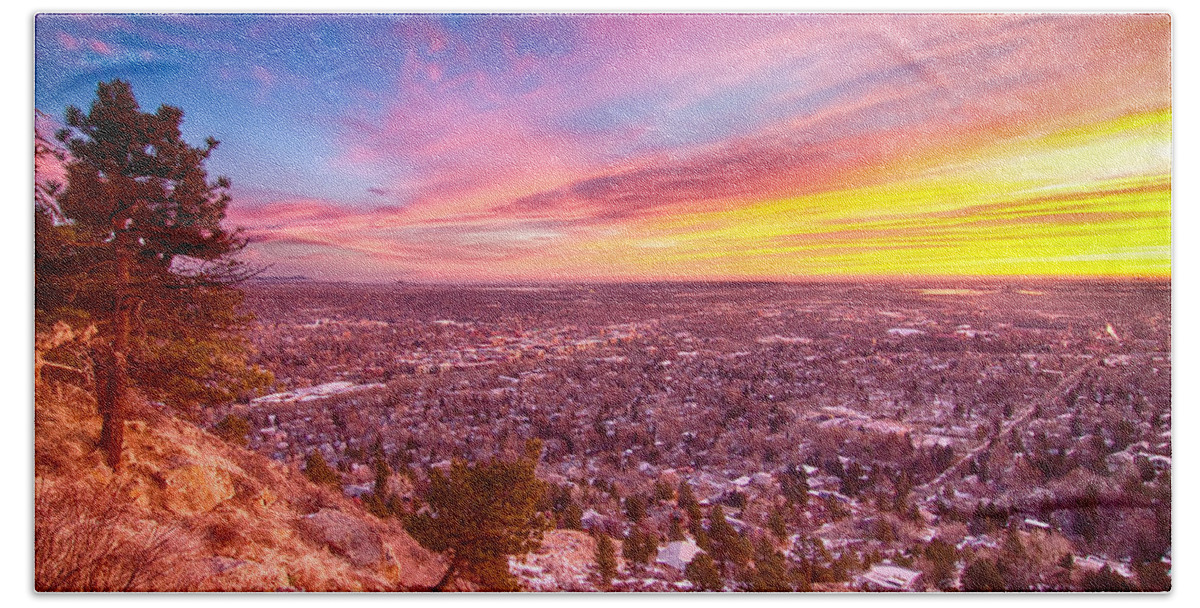 Boulder Beach Towel featuring the photograph Boulder Colorado Colorful Sunrise City View by James BO Insogna