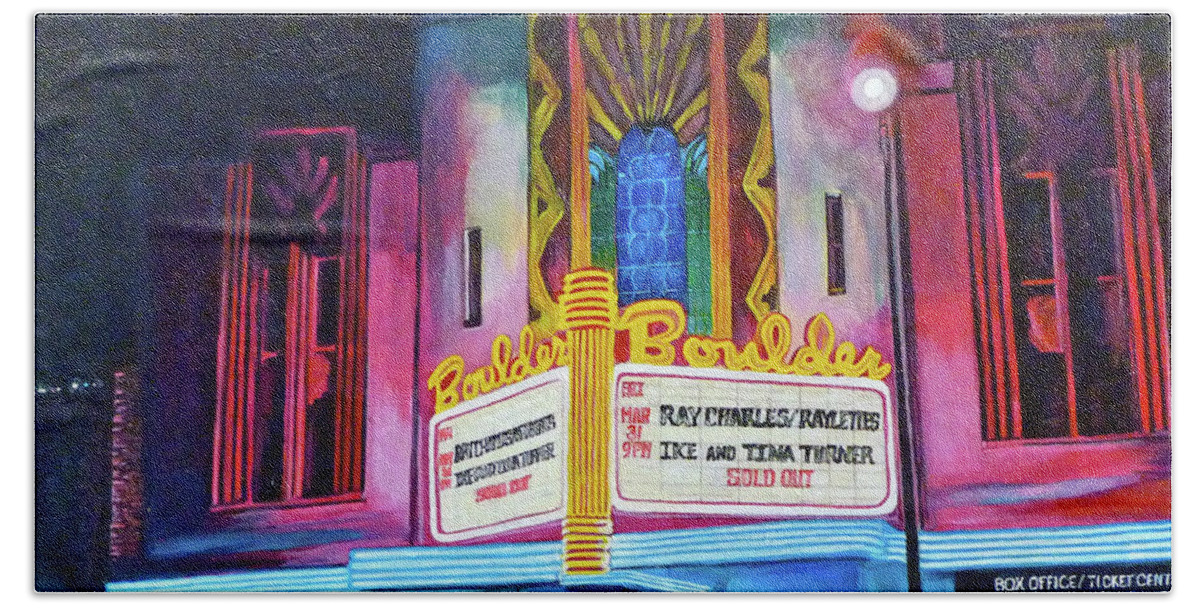 Boulder Theater Beach Towel featuring the painting Boulder Theater by Tom Roderick