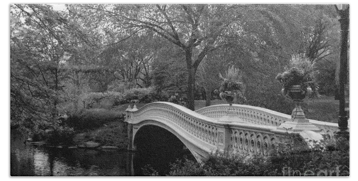 Bridge Beach Sheet featuring the photograph Bow Bridge NYC In Black and White by Christiane Schulze Art And Photography