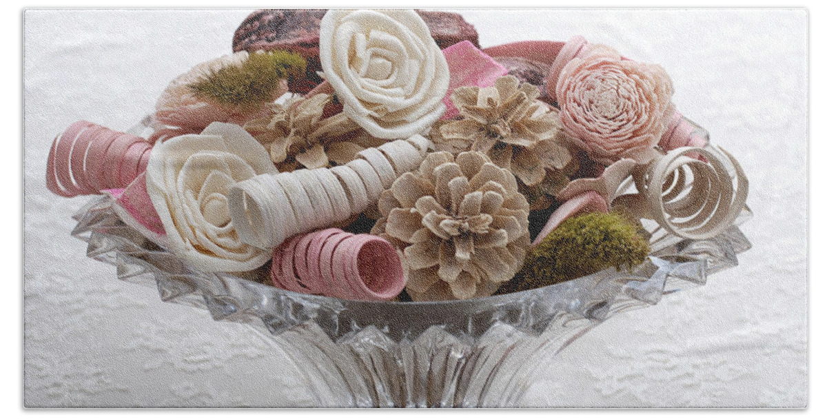 Bowl Beach Towel featuring the photograph Bowl of Potpourri on Lace by Connie Fox