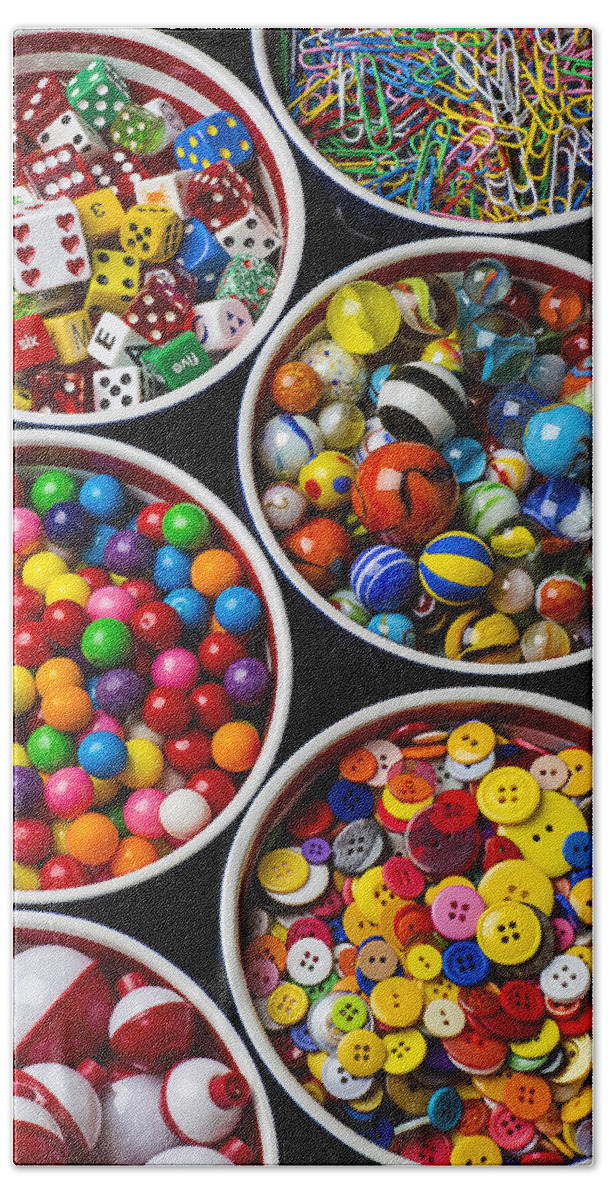 Bowls Beach Towel featuring the photograph Bowls of buttons and marbles by Garry Gay