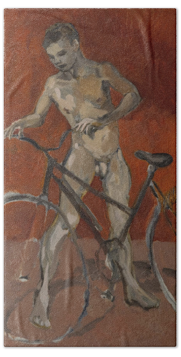 Boy Beach Towel featuring the painting Boy with bicycle red oxide by Peregrine Roskilly