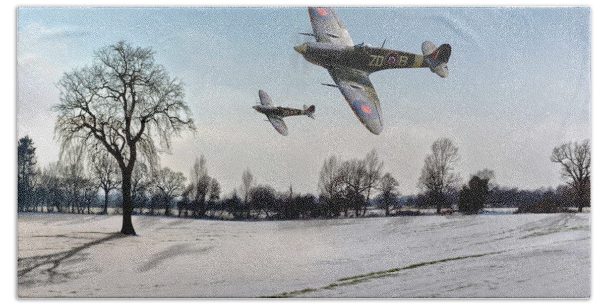 Spitfire Beach Sheet featuring the photograph Low-flying Spitfires in winter by Gary Eason