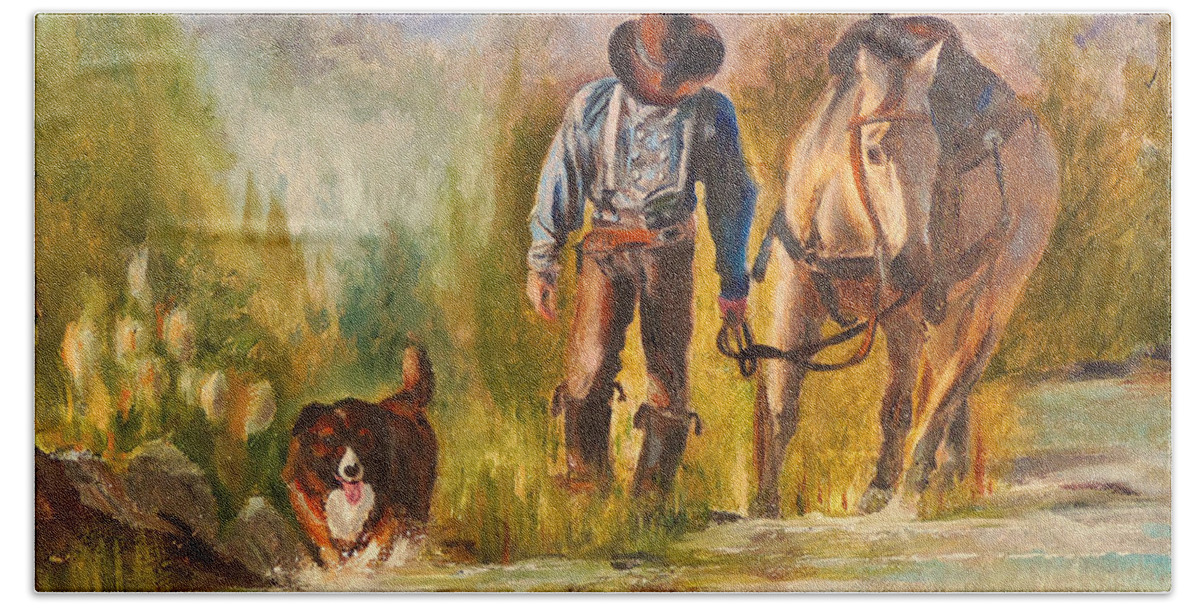 Western Art Prints Beach Towel featuring the painting Break For The Ride by Karen Kennedy Chatham