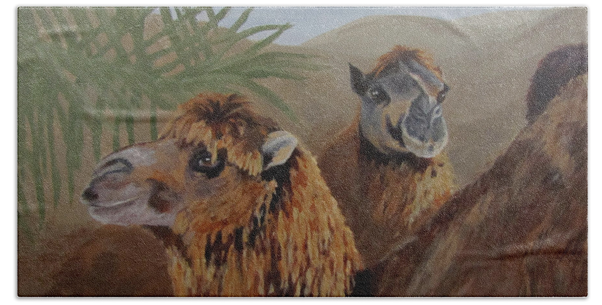 Camels Beach Towel featuring the painting Break Time by Karen Ilari