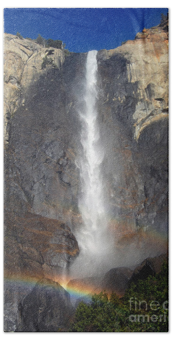 Yosemite National Park Beach Towel featuring the photograph Bridalveil Falls Double Rainbow by Debra Thompson