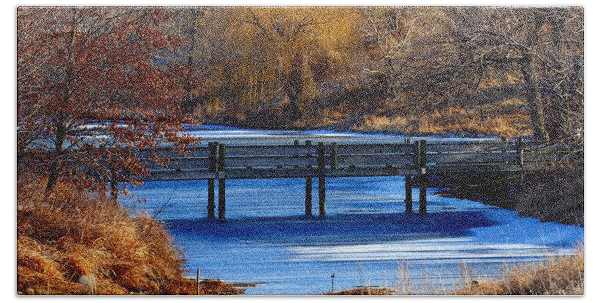 Landscape Beach Sheet featuring the photograph Bridge over Icy Waters by Elizabeth Winter
