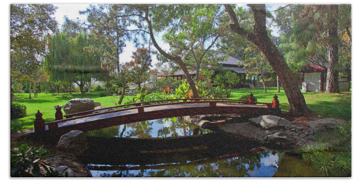 Japanese Gardens Beach Towel featuring the photograph Bridge over Japanese Gardens Tea House by Jerry Cowart