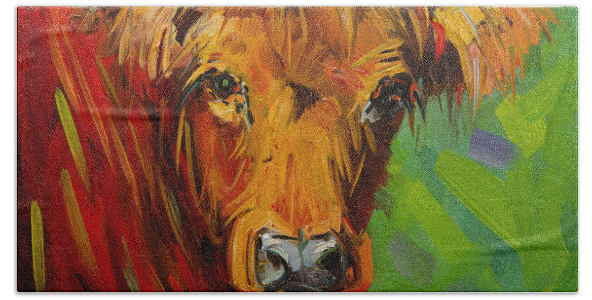 Cow Beach Towel featuring the painting Bright And Beautiful Cow by Diane Whitehead