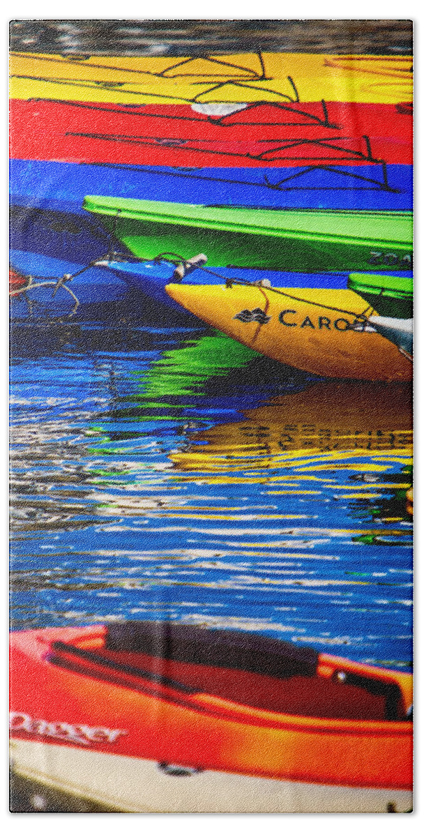 New England Coastline Beach Towel featuring the photograph Bright Kayak Reflections by Jeff Folger
