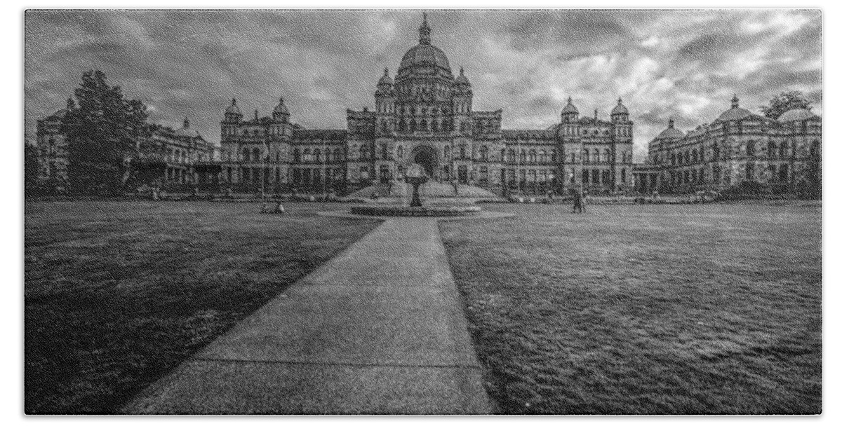 Travel Beach Sheet featuring the photograph British Columbia Parliament Buildings Black and white by Eti Reid