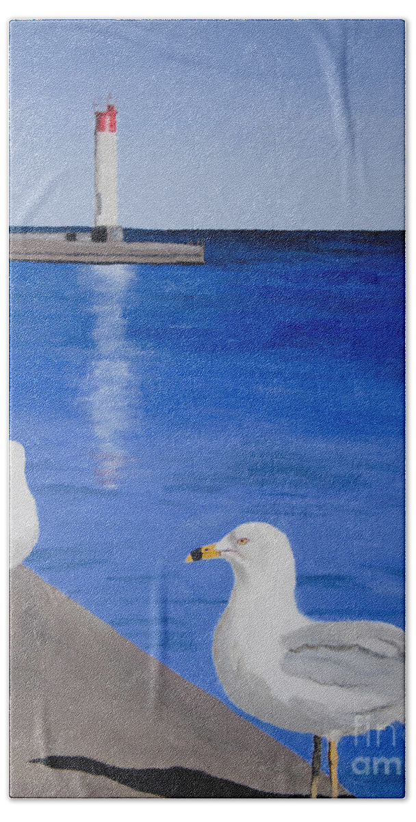 Bronte Beach Towel featuring the painting Bronte Lighthouse Gulls in Oil by Laurel Best