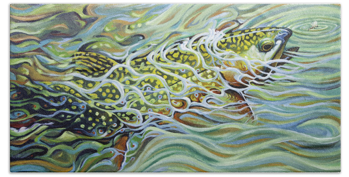 Fishing Beach Towel featuring the painting Brookie flash by Robert Corsetti