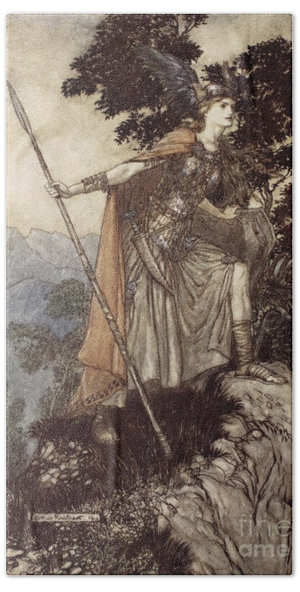 Der Ring Des Nibelungen; The Ring Of The Nibelung; Myth; Legend; Opera; The Ring Cycle; Die Walkure; Richard Wagner; Viking; Norse Mythology; Female; Warrior; Brunhilde; Brynhildr; Spear; Armour; Strength; Powerful; Femme Fatal Beach Sheet featuring the drawing Brunnhilde from The Rhinegold and the Valkyrie by Arthur Rackham