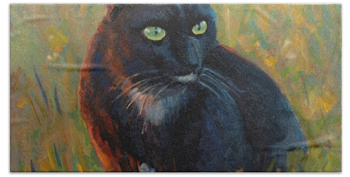 Cat Black Pet Grass Sunset Light Feline Sharp Look Beach Towel featuring the painting Bubu in the sunset by Marco Busoni