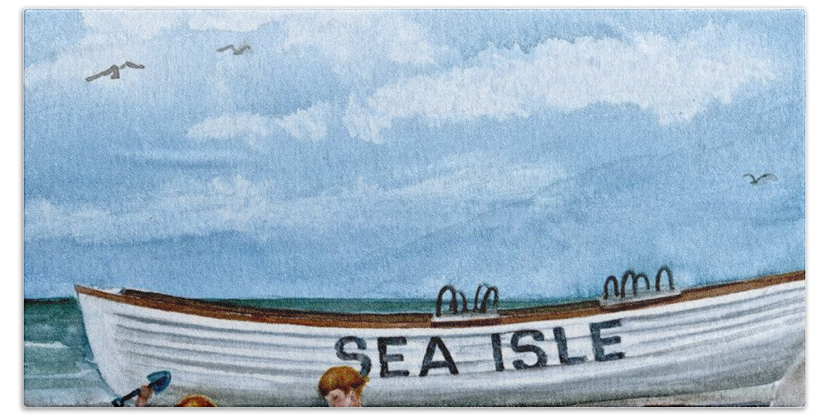Sea Isle City Lifeguard Boat Beach Towel featuring the painting Buddies in Sea Isle City 2 by Nancy Patterson