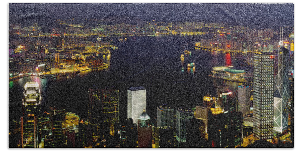 Photography Beach Towel featuring the photograph Buildings Illuminated At Night, Hong by Panoramic Images