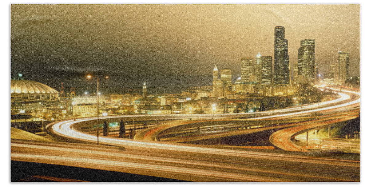 Photography Beach Towel featuring the photograph Buildings Lit Up At Night, Seattle by Panoramic Images