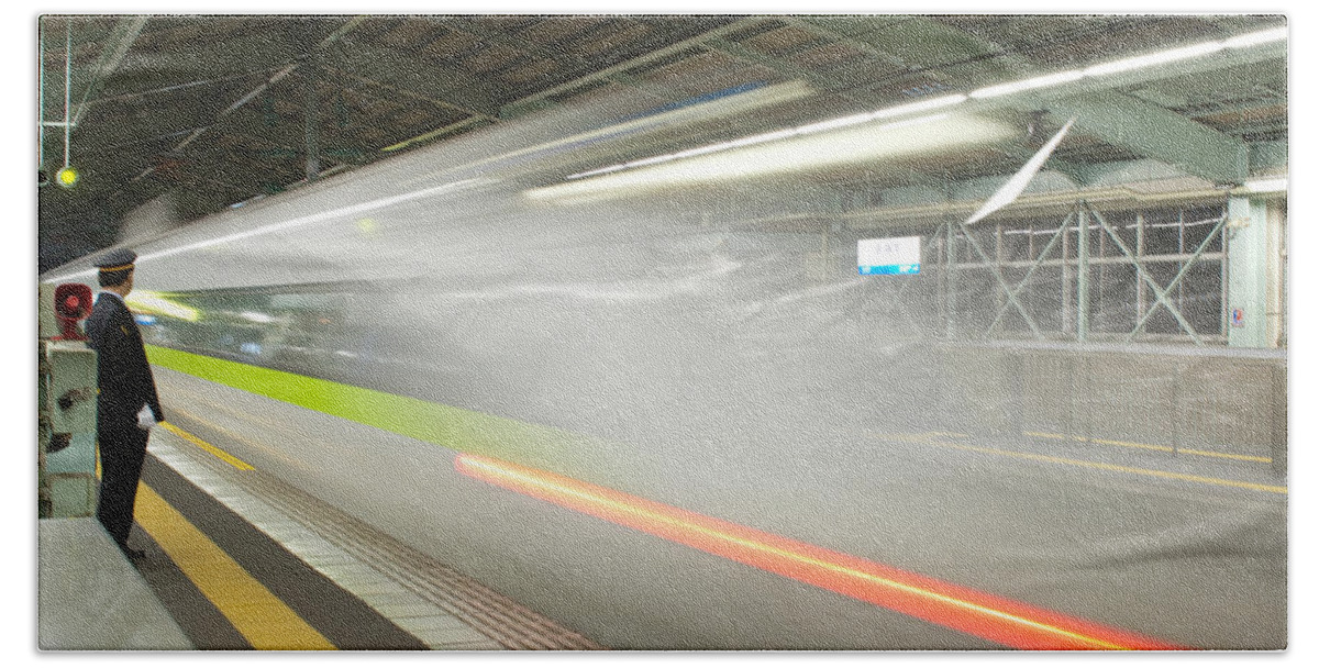 Shinkansen Beach Sheet featuring the photograph Bullet Train by Sebastian Musial