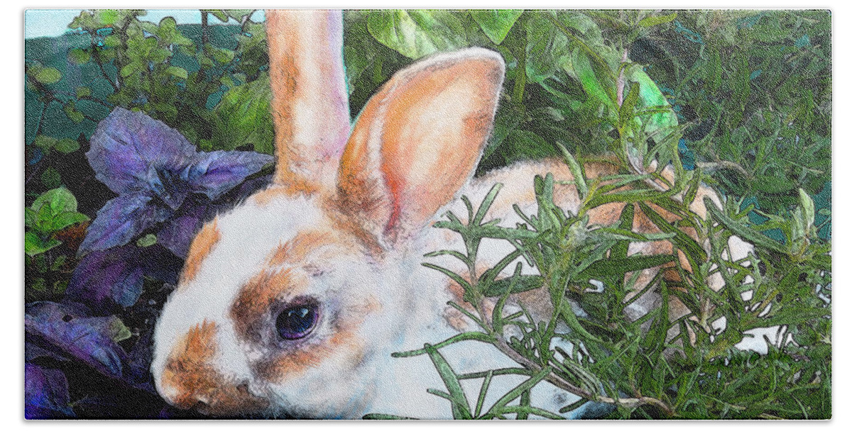 Jane Schnetlage Beach Towel featuring the digital art Bunny In The Herb Garden by Jane Schnetlage