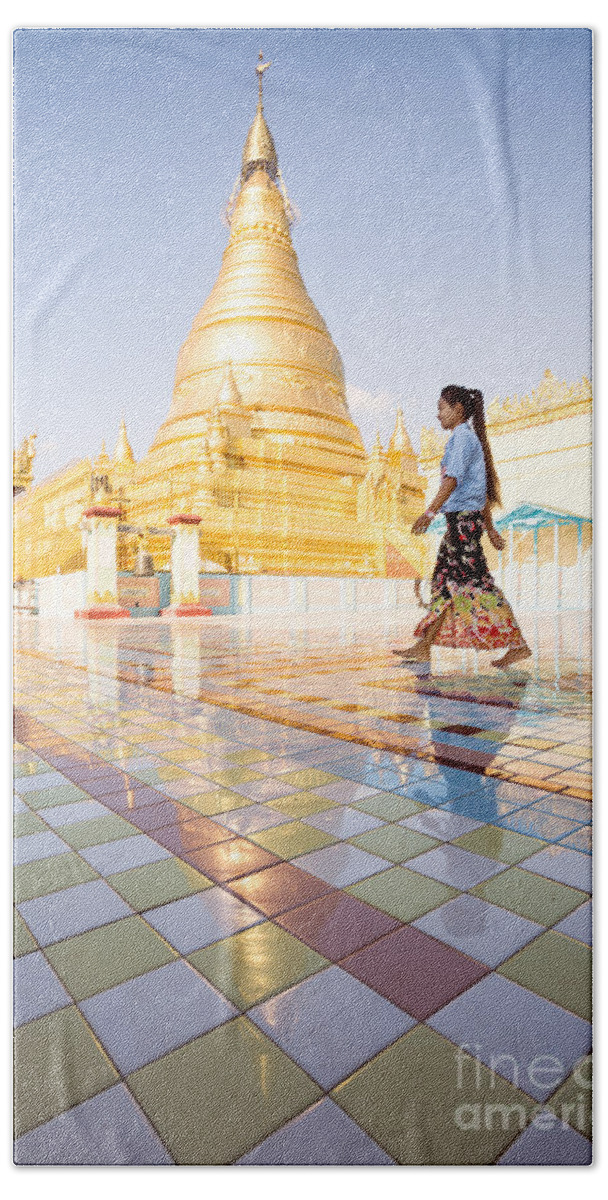 Asia Beach Towel featuring the photograph Burmese woman walking near golden pagoda - Myanmar by Matteo Colombo