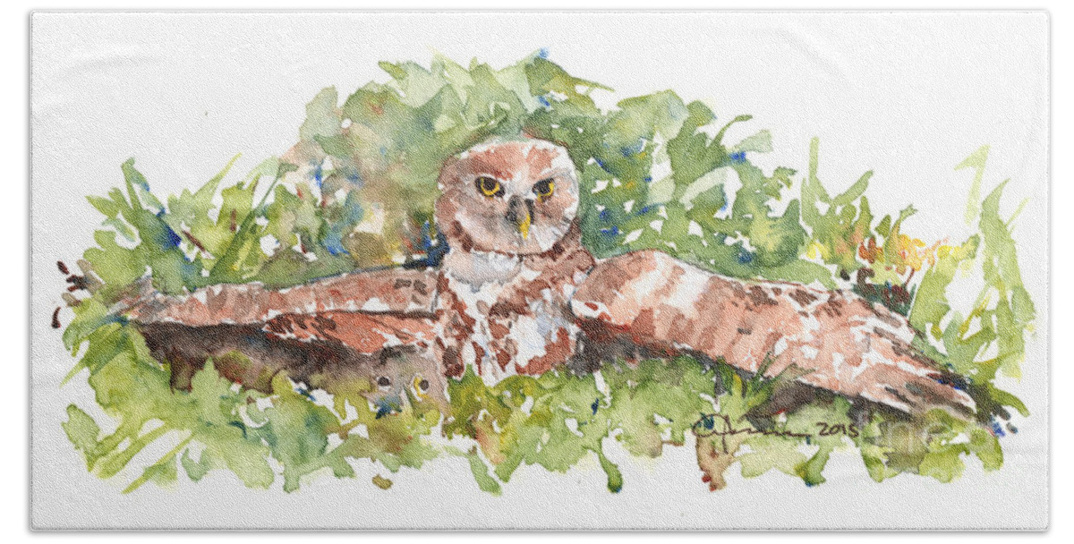 Owl Beach Sheet featuring the painting Burrowing Owl 3 by Claudia Hafner