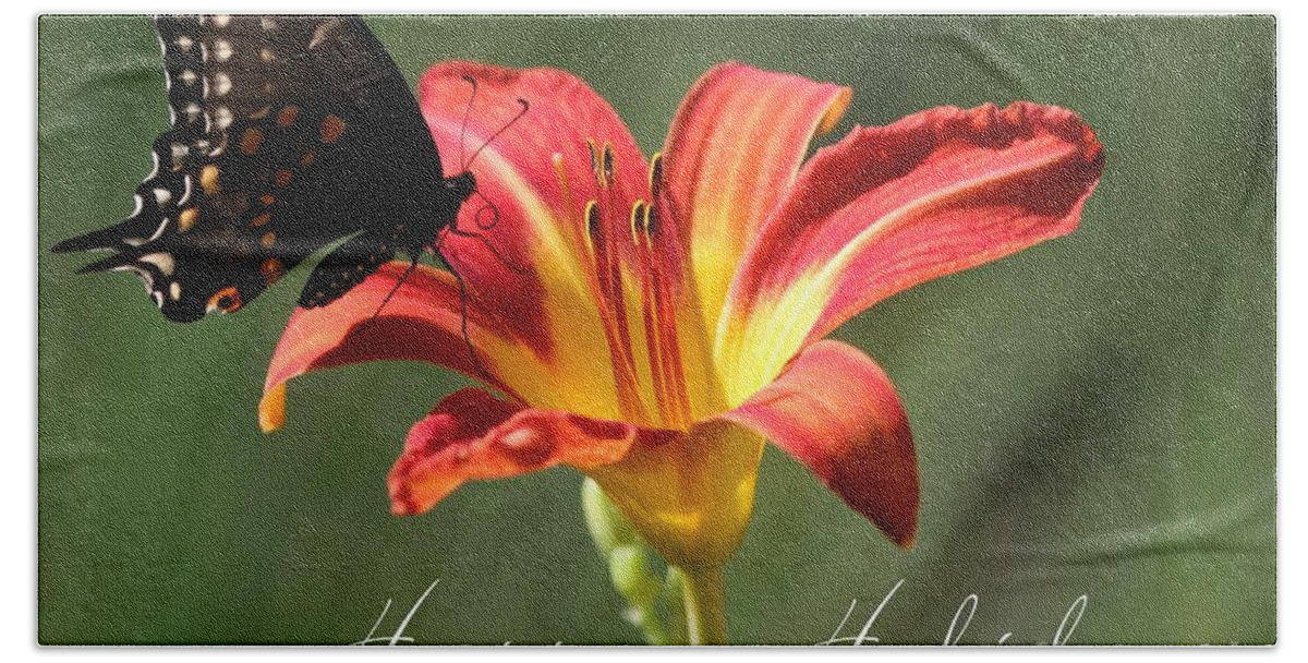 Christmas Beach Towel featuring the photograph Butterfly and Lily Holiday Card by Sabrina L Ryan