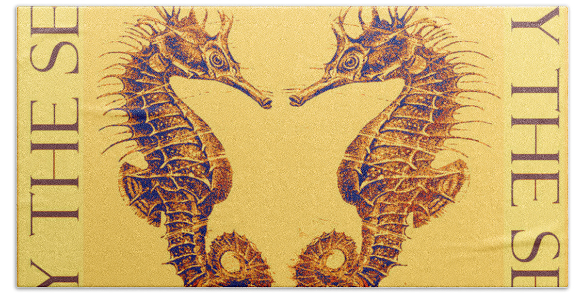 Seahorse Beach Towel featuring the digital art By the Beautiful Sea- gold by Jane Schnetlage