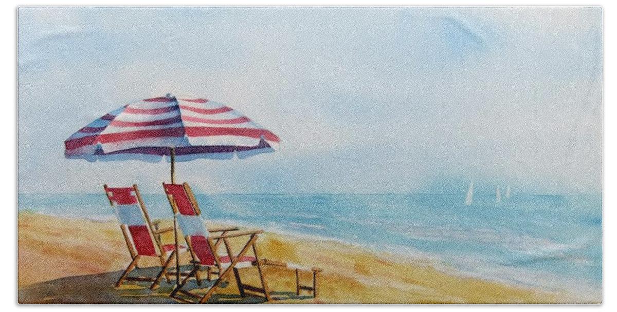 Seashore Beach Towel featuring the painting By the Waterfront by Debbie Lewis