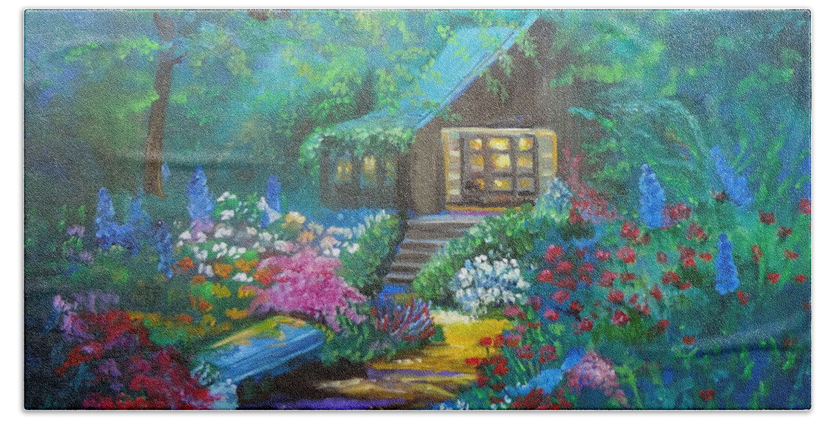 Forest Garden Home Beach Sheet featuring the painting Cabin in the Woods Jenny Lee Discount by Jenny Lee