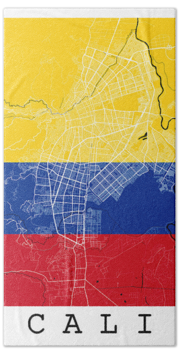 Road Map Beach Towel featuring the digital art Cali Street Map - Cali Colombia Road Map Art on Colombian Flag Background by Jurq Studio