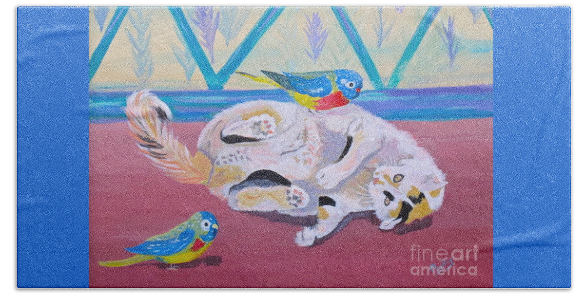 Calico Beach Sheet featuring the painting Calico and Friends by Phyllis Kaltenbach
