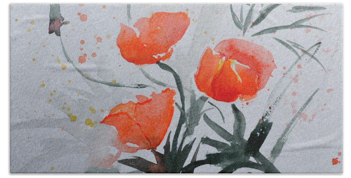 Poppy Beach Sheet featuring the painting California Poppies Sumi-e by Beverley Harper Tinsley