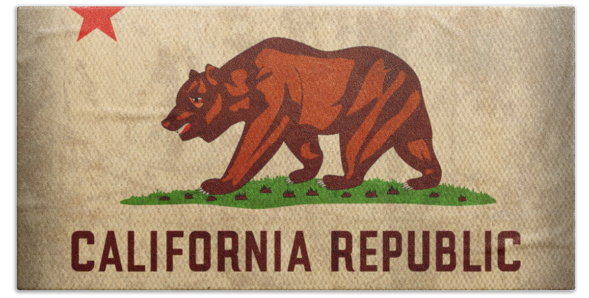 California State Flag Art On Worn Canvas Beach Towel featuring the mixed media California State Flag Art on Worn Canvas by Design Turnpike