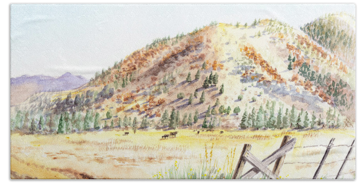 Mountain Beach Towel featuring the painting Californian Landscape Saint John Ranch Bald Mountain View Shasta County by Irina Sztukowski