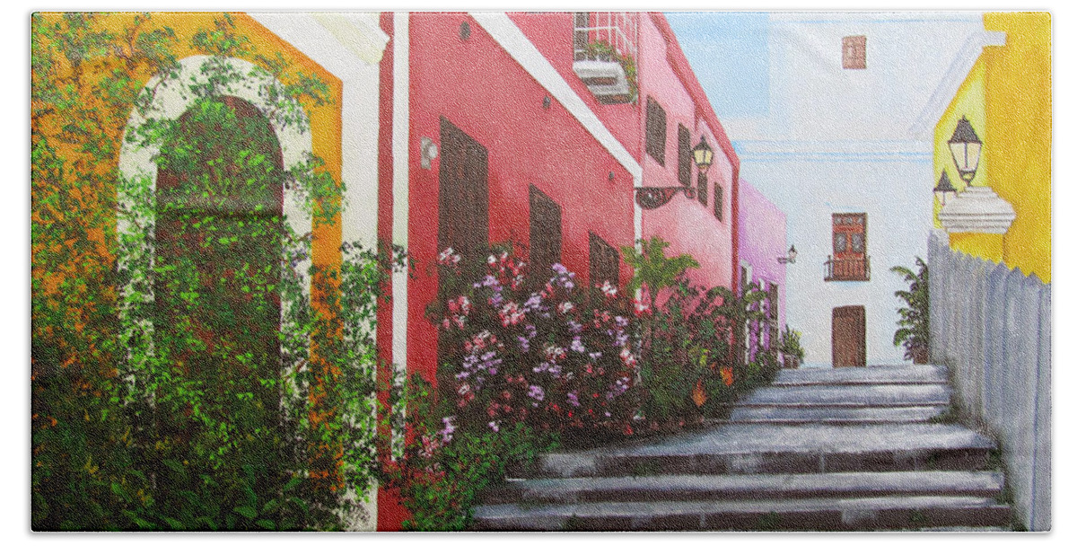 Puerto Rico Beach Towel featuring the painting Callejon En El Viejo San Juan by Gloria E Barreto-Rodriguez