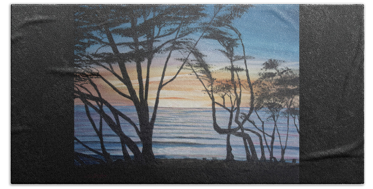 Blue Beach Towel featuring the painting Cambria Cypress Trees at Sunset by Ian Donley