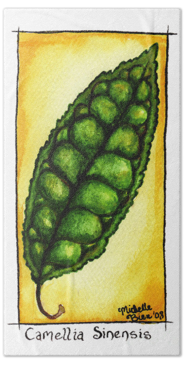 Camellia Sinensis Beach Towel featuring the painting Camellia Sinensis Leaf by Michelle Bien