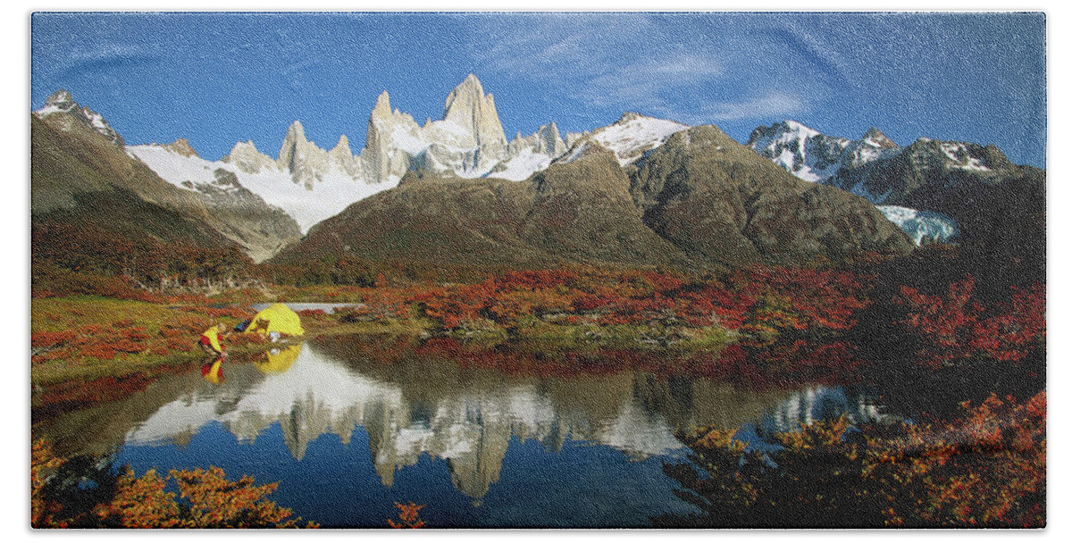 00260065 Beach Towel featuring the photograph Camp Beside Small Pond Below Fitzroy by Colin Monteath