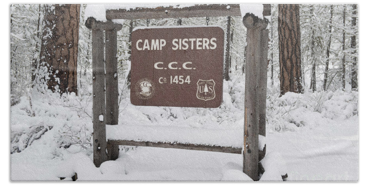 Oregon Beach Towel featuring the photograph Camp Sign In Winter by John Shaw