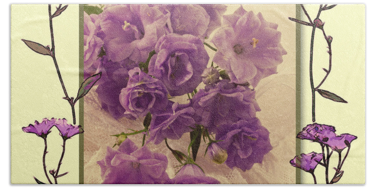 Purple Campanula Beach Sheet featuring the photograph Campanula Framed With Pressed Petals by Sandra Foster