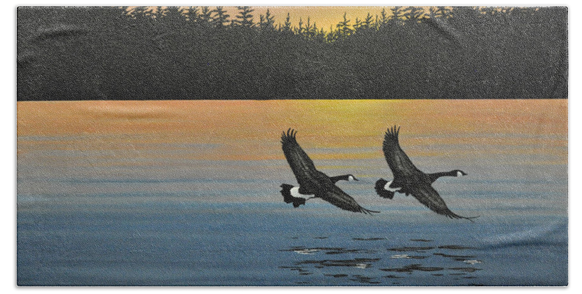 Canada Geese. Bireds Beach Sheet featuring the painting Canada Geese by Kenneth M Kirsch