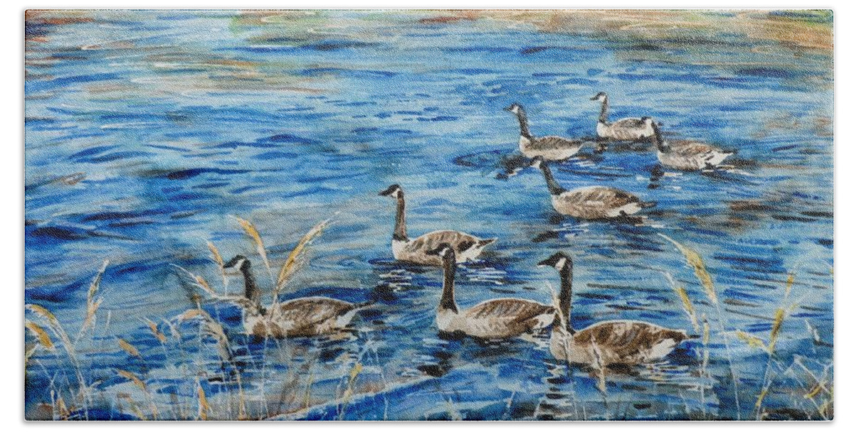 Canada Geese Beach Sheet featuring the painting Canada Geese by Zaira Dzhaubaeva