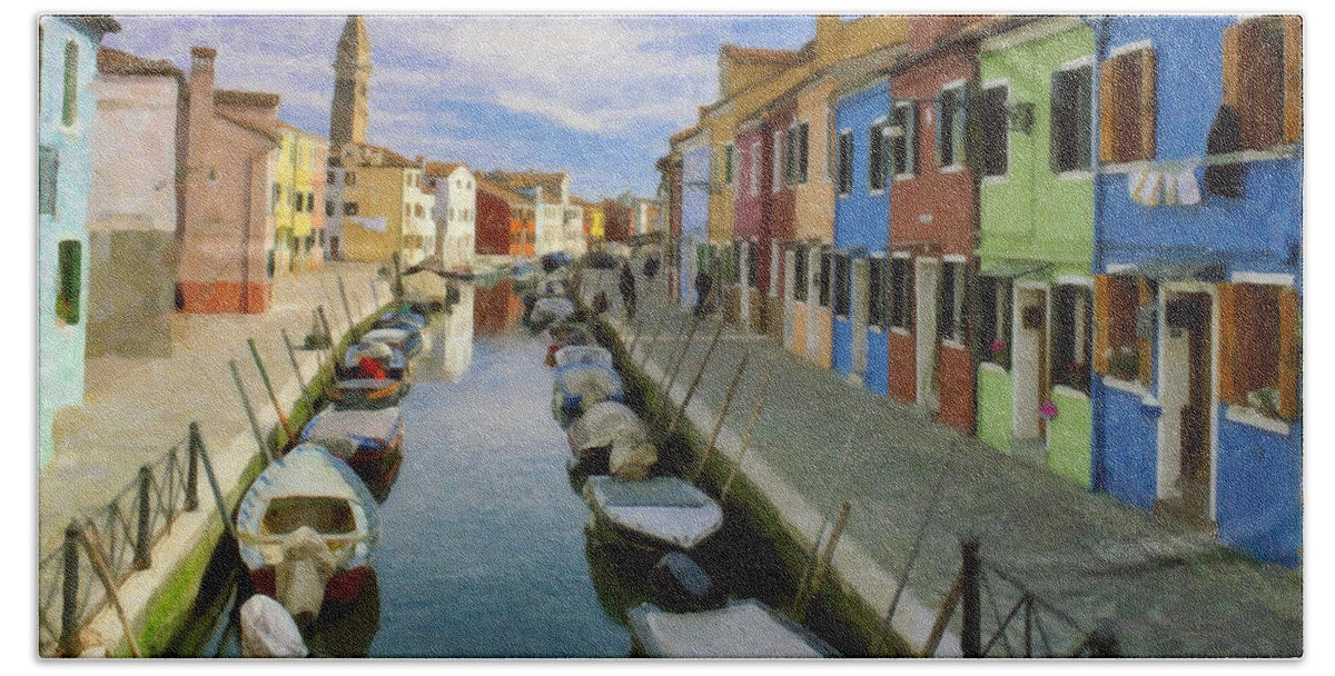 Landscape Beach Towel featuring the painting Canal Burano Venice Italy by Dean Wittle