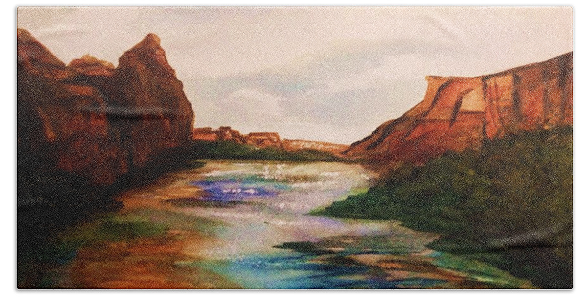 Canyon De Chelly Beach Towel featuring the painting Canyon De Chelly Golden Dawn by Ellen Levinson