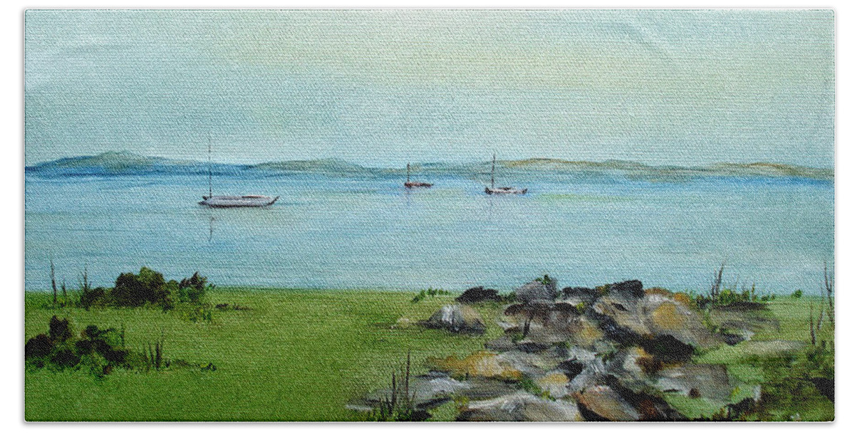 Cape Cod Beach Sheet featuring the painting Cape Cod Boats by Judith Rhue