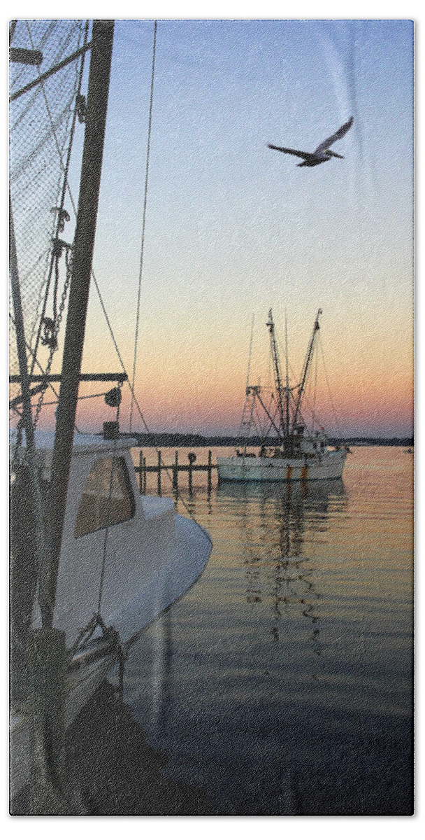 Fishing Boat Beach Towel featuring the photograph Captain Tony - In for the Night by Mike McGlothlen